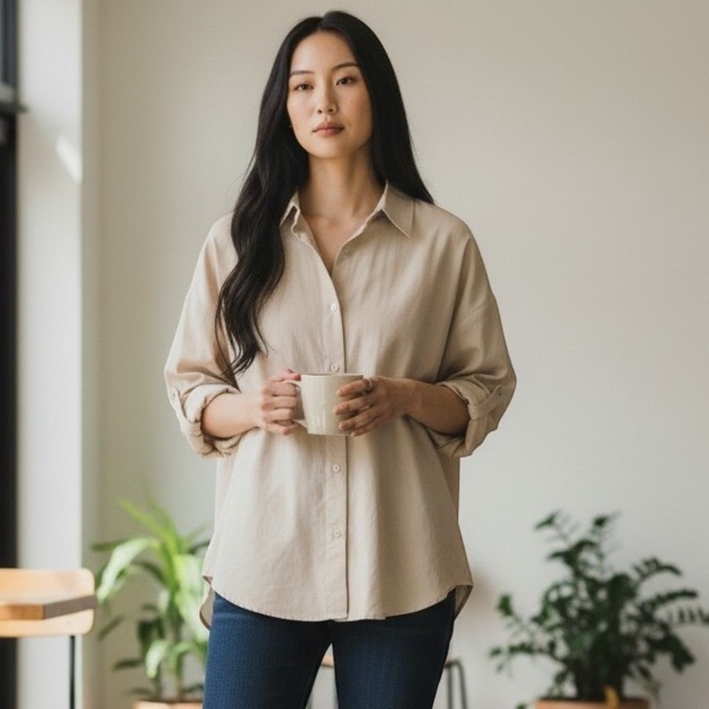 Express Boyfriend Fit Button-Down Shirt Womens Long Sleeve Casual Top Cream New
